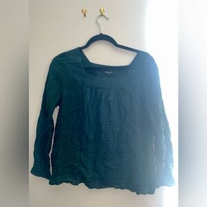 MADEWELL Medium Plaid Square Neck Peasant Long Sleeve Lightweight Shirt Blouse